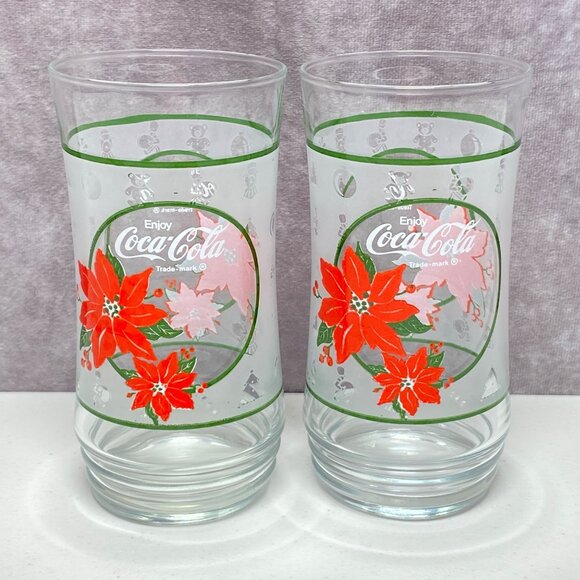 Vintage Coca-Cola Poinsettia Frosted Holiday Christmas Glass Tumblers Set Of 2 - Picture 4 of 9